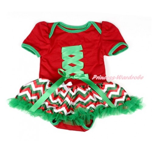 Xmas Red Baby Bodysuit Jumpsuit Red White Green Wave Pettiskirt with Kelly Green Crisscross Ribbon Bow JS1847 